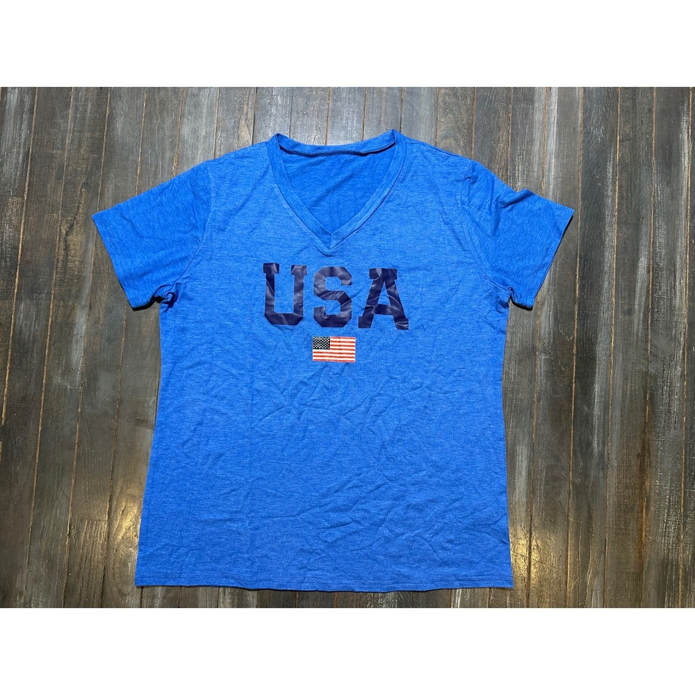 Womens USA American Flag Graphic V-Neck T-Shirt Heather Blue